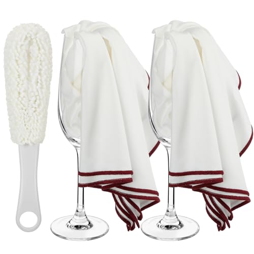 3 Pcs Wine Glass Cleaner Set Large Microfiber Polishing Cloths Wine Glass Cleaning Brush Lint-Free Drying Towels for Stemware Glassware Bar Restaurant Kitchen Supplies(White) - color: White
