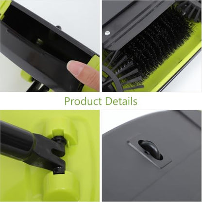Manual Push Floor Sweeper Broom, Hand Push Sweeper with Enclosed Dustpan Bin, 3‑in‑1 360° Rotating Floor Cleaning Brush Mop Machine Adjustable Handle Vacuum‑Free for Tile Hardwood Carpet Green