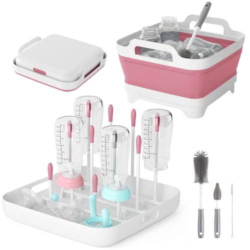 Volnamal Collapsible Wash Basin for Baby Bottles - Portable 2.4 Gallon Dish Basin with Drying Rack & Lid, Foldable RV Sink Tub for Camping, Sturdy Wash Tub for Kitchen, Camping, Outdoor Use(Pink) - color: Pink
