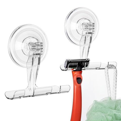 Amuille Suction Cup Razor Holder, 2 Pack Clear Razor Holders for Shower Wall, Reusable Vacuum Shower Razor Hooks, Suction Cup Hooks for Bathroom Kitchen Towel Loofah Shaver