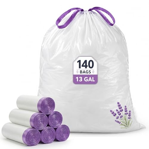 13 Gallon Tall Kitchen Trash Bags, 140 Count Lavender Scented | Drawstring Closure Odor Control Leak Resistant Tear Resistant Easy Tie Handles