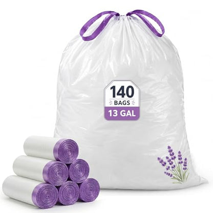 13 Gallon Tall Kitchen Trash Bags, 140 Count Lavender Scented | Drawstring Closure Odor Control Leak Resistant Tear Resistant Easy Tie Handles