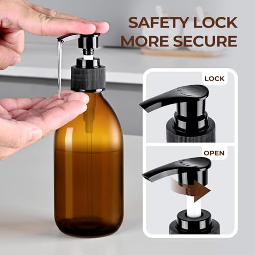 8 oz Amber Glass Soap Dispenser, 250ml Glass Pump Bottle for Body Lotion Massage Oil, Refillable Empty Hand and Dish Soap Dispensers Set with Labels - 3 Pack - color: Amber
