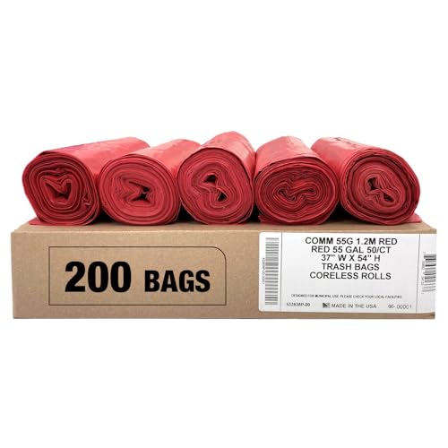Ultrasac Heavy Duty 55 Gallon Red Trash Bags - (Value 200 Pack) - 1.5 MIL equivalent Industrial Strength Plastic 37" x 54" for 50-55 Gal Cans -Fits Toter, Rubbermaid Brute, Carlislie Bronco etc. - color: Red, style: 50-55 Gal, 1.5 Mil Equiv, 200 Count