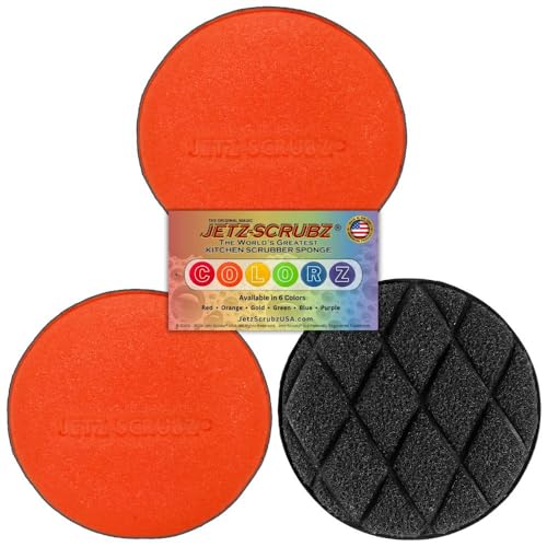 Jetz-Scrubz Scratch-Free Kitchen Scrubber Sponge – Dual Sided Non-Scratch Dish Cleaning Sponge for Cookware, Dishes & Kitchen Surfaces – Odor Resistant, Reusable – Round Scrub Sponges (3 Pack, Orange) - color: Orange