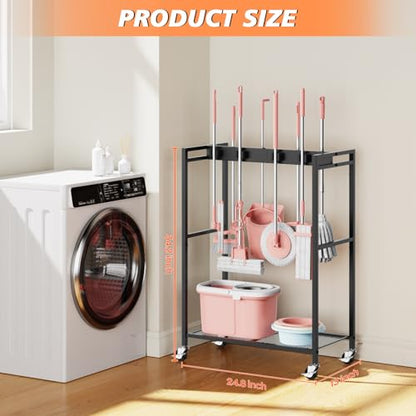 Broom and Mop Holder, MUNNAR Broom Closet Storage Cabinet, Cleaning Cart with Broom and Mop Hanger, Janitorial Cart with Wheels for Household, Laundry Room Organization - size: 24.8" x 13" x 34.2"