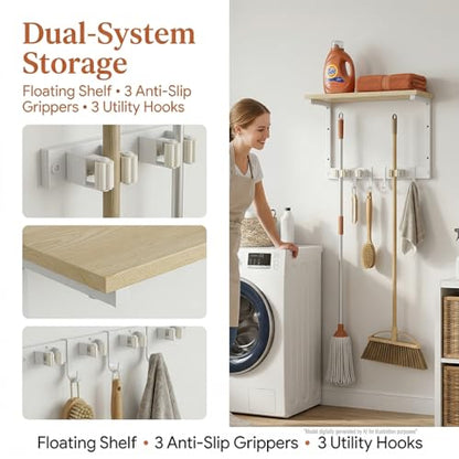 Upgraded Broom Holder Wall Mount with Shelf, Mop and Broom Organizer Wall Hanging, Cleaning Supplies Organizer (small)