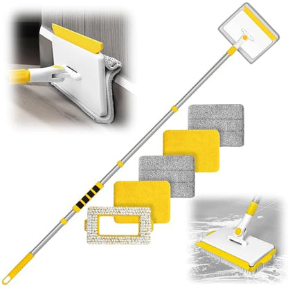 JEHONN Baseboard Cleaner Tool with Handle, 56 inches Base Boards Cleaning Mop Scrubber, 1 Stiff Bristles Brush, 2 Chenille and 2 Microfiber Pads, Wall Duster for Floorboard Ceiling Window (Yellow) - color: Yellow