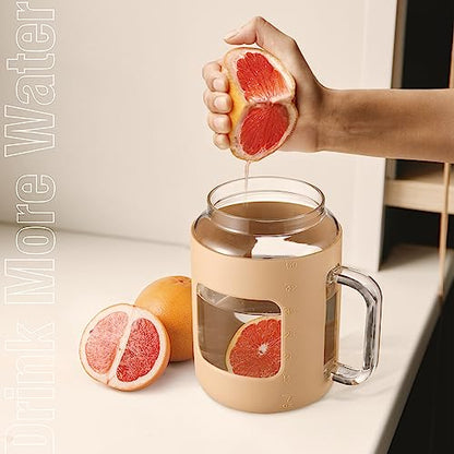 WINSA 50 oz Glass Water Bottles with Silicone Sleeve,Glass Tumbler with Lid and Straw,Iced Coffee Cup with Handle,BPA Free-Amber - color: Amber