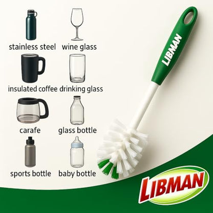 Libman Bottle Brush - 3 Pk Bottle Cleaner - Cleaning Brush with Long Handle for Cleaning Glasses, Shaker Bottles, Cups, Dishes, Mugs - Non-Slip Grip