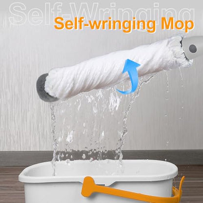 Self Wringing Mop for Floor Cleaning with 2 Reusable Heads, Easy Wringing Twist Mop with 55 Inches Long Handle and Top Scouring Pad, Wet and Dry Mops