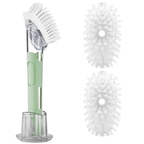 Soap Dispensing Replacement Dish Brush Storage Set with 2 PCS Brush Refills & Holder - RIMAY Dispenser Scrub Cleaning Scrubber Kitchen Dishwashing Dish Wand Handle for Dishes/Pans/Pots/Sink(Green) - color: Green