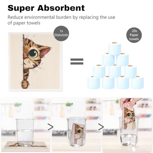 5 Pcs Cartoon Cute Peeking Kitten Swedish Dishcloths, Kitty Swedish Dishcloth, Funny Cat Dish Cloths for Drying Dishes, Reusable Cleaning Cloths, Cat Lover Gifts for Women 2 - color: Lm 03433