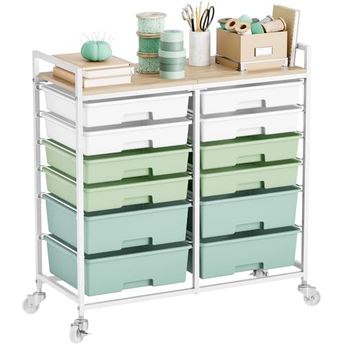 Rolling Storage Cart with 12 Drawers, Wooden Tabletop Utility Cart for Craft Storage, Art Supply Storage & Home Office Organization, Teacher Cart with Wheels for Classroom Organization, School (Green) - color: Green