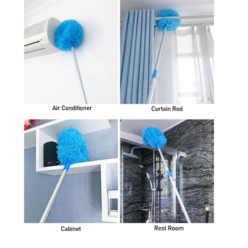 Ceiling Fan Duster with Extension Pole, 360 Degree Rotation Extra Long Round Duster Washable Cobweb Brush for Outdoor Indoor (Blue) - color: Blue