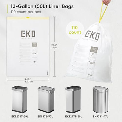 EKO 13 Gallon / 40-60 Liter,110 Count Drawstring Trash Bags, Extra-Strong Unscented Garbage Bags, Easy-Dispense Roll for Kitchen & Household Use, Resists Tears, Leaks and Punctures, Code F, White - size: 110 Count (Pack of 1), style: 13 Gallon Bags/Code F