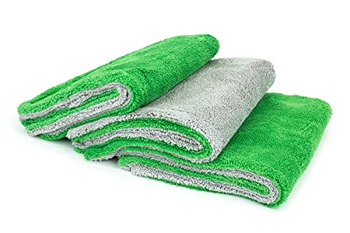 Autofiber Royal Plush Double Pile Microfiber Detailing Towel - Pack of 3, Green/Gray (16 inch x 16 in, 700 GSM) - color: Green/Gray