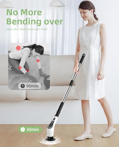 Cordless Electric Spin Scrubber, 8-in-1 Bathroom Cleaner | LED display, dual speeds, IPX7 wet-area design, and interchangeable heads for tile, grout, tub, shower, glass - size: 8heads