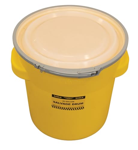 Eagle 20 Gallon Plastic Drum with Lid, Metal Lever-Lock, 20.4"x20.9", Salvage Drum Made of Durable, Lightweight HDPE, Withstands Weather and Chemicals, Made in USA, Yellow, 1654 - size: 20 Gallon, style: Metal Lever-Lock