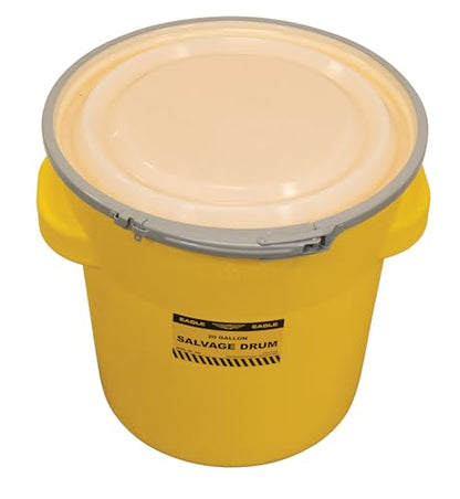 Eagle 20 Gallon Plastic Drum with Lid, Metal Lever-Lock, 20.4"x20.9", Salvage Drum Made of Durable, Lightweight HDPE, Withstands Weather and Chemicals, Made in USA, Yellow, 1654 - size: 20 Gallon, style: Metal Lever-Lock