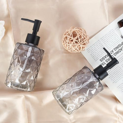 Glass Soap Dispenser with Plastic Pump, 2 Pack 12oz Gradient Diamond Design Black Soap Dispenser for Dishwashing Liquid, Lotion Shower Gel - color: Gradient Diamond Black