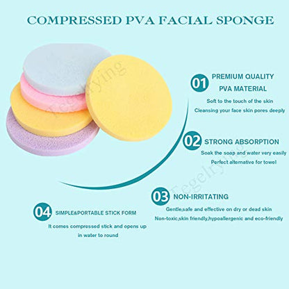 Facial Sponge Compressed,60 Pcs PVA Professional Makeup Removal Wash Round Face Sponges Spa Pads Exfoliating Cleansing for Women,Yellow,Pink,Blue,Purple - color: Yellow,Blue,Purple,Pink
