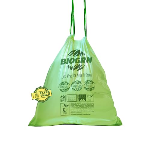 2.6-3 Gallon Compostable Trash Bags Drawstring 50 Bags Extra Thick 1 Mil 11.36 Liter Small Biodegradable Trash Bags for Kitchen Countertop Bin ASTM D6400, US BPI and OK Compost Home Certified - color: 3 Gal, Drawstring Bags, 50 Count