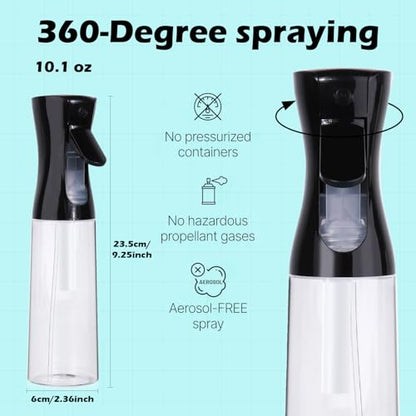 2 Pack Continuous Spray Bottles(10.1oz/300ml)- Ultra Fine Plastic Mist Sprayer Water Spray Bottle For Hairstyling, Cleaning, Salons, Plants, Essential Oil Scents Black