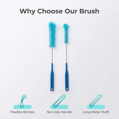 15.5 Inch Long Bottle Brush Set, 0.9” & 1.6” Dual Brush Heads, Fits Bottles with Openings Over 1 Inch, Soft Nylon Bristles for Water Bottles, Kombucha Bottles, Wine Decanters & Mason Jars, 2 Pack