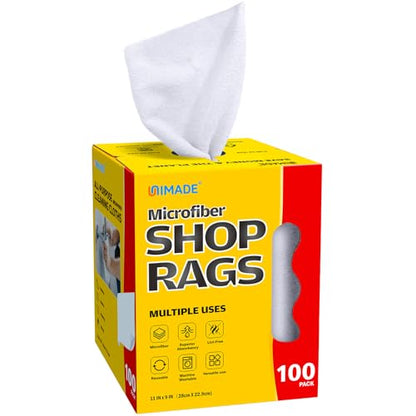 UNIMADE Shop Rags, 100 Sheets Microfiber Cleaning Cloth Commercial Grade Washcloths Lint-Free Bulk Shops Towels for Cars Mechanic Restaurant Garage Housekeeping, 11"x 9", White - color: White