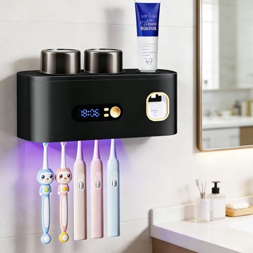 Toothbrush Cleanerst Holders,Smart Drying and Cleaning Wall Mounted Holder with Automatic Toothpaste Dispenser, 5 Brush Slots 2 Cups for Bathroom (Black) - color: Black