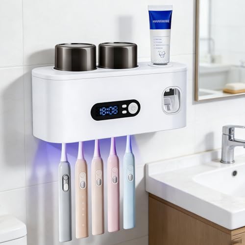 Toothbrush Sterilizer Holders,Smart Drying and Cleaning Wall Mounted Holder with Automatic Toothpaste Dispenser, 5 Brush Slots 2 Cups for Bathroom (White) - color: White