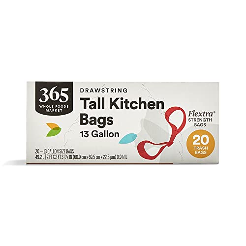 365 by Whole Foods Market, Flextra Strength Drawstring Tall Kitchen Trash Bags, 13 Gallon, 20 Count - size: 20 Count (Pack of 1)