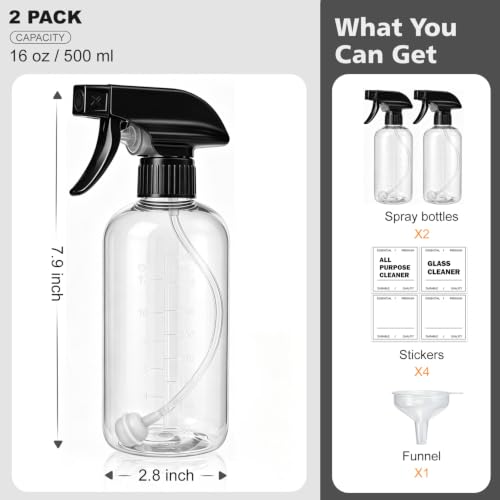 Spray Bottles 16oz 2 pack — 360° Any-Angle Spraying, Mist & Stream Plastic Empty Water Sprayer, with Measurements & Weighted Straw, Leak-Resistant for Cleaning Solutions, Planting, Hair + Funnel - style: 16oz, 2 pack