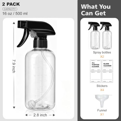 Spray Bottles 16oz 2 pack — 360° Any-Angle Spraying, Mist & Stream Plastic Empty Water Sprayer, with Measurements & Weighted Straw, Leak-Resistant for Cleaning Solutions, Planting, Hair + Funnel - style: 16oz, 2 pack