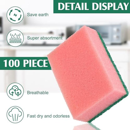 Patelai 100 Pcs Heavy Duty Sponges Kitchen Bulk Dish Sponges Scrub Sponge Abrasive Scrubber Cleaning Sponge Non Scratch Scouring Absorbent Dish for Washing Kitchen (Pink) - color: Pink