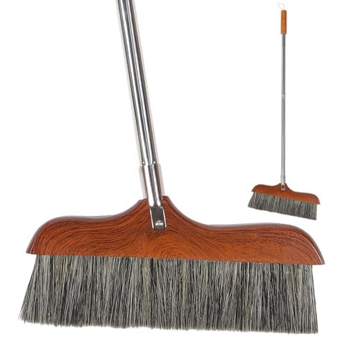 Yardwe Horse Hair Soft Bristle Broom Wooden Handle Angle Broom Floor Cleaning Broom Hair Removal Sweeper Carpet Sweeping Brush for Indoor Outdoor Kitchen