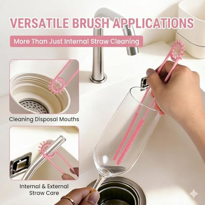 2-in-1 Dual-Ended Silicone Straw Cleaner Brush, Extra Long Reusable Straw Brush for Narrow Metal & Wide Smoothie Straws, Soft Bendable Cleaning Tool for Tumblers, 6mm + 9mm, Pink