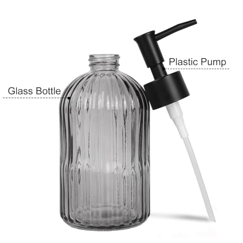 14Oz Black Pump Glass Soap Dispenser, Gray Stripe Countertop Refillable Liquid Bottle Hand Dish Lotion Dispenser with Plastic Pump, for Kitchen, Bathroom - color: Gray