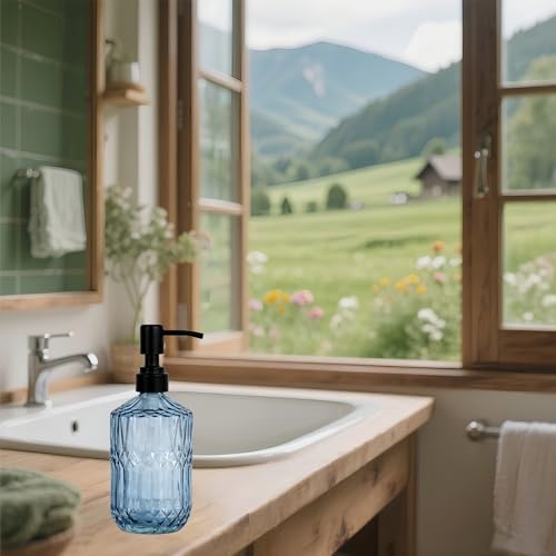 18oz Blue Glass Soap Dispenser, Refillable Kitchen, Bathroom Thick Glass Soap Dispenser with Black Rustproof Pump for Dishwashing Liquid, Hand Soap, Lotion, Body Wash (Blue-Black Pump) - color: Blue-black Pump