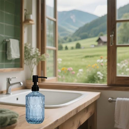 18oz Blue Glass Soap Dispenser, Refillable Kitchen, Bathroom Thick Glass Soap Dispenser with Black Rustproof Pump for Dishwashing Liquid, Hand Soap, Lotion, Body Wash (Blue-Black Pump) - color: Blue-black Pump