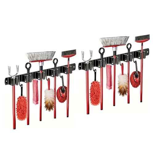 2 Packs 5 Racks and 4 Hooks Mop and Broom Holder Wall Mount, SUS304 Heavy Duty Broom Organizer Storage Tool Racks, Self Adhesive Solid Non-slip Tool Hangers for Home Kitchen Garden Laundry Garage - color: 5 Racks & 4 Hooks (Black) - 2 Pack