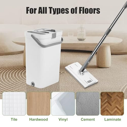 Flat Floor Mop and Bucket Set with Wringer, Flat Mops for Floor Cleaning, Wall Mop Cleaner with Long Handle, Hardwood Floor Mop with 3 Microfiber Pads (F) - size: F