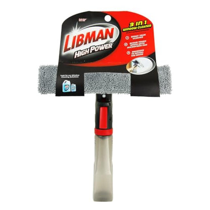 Libman 3-in-1 Window Squeegee Spray Tool – Spray Bottle with Microfiber Scrubber and Rubber Blade – All-in-One Glass Cleaner – Streak-Free Shine – Machine-Washable – Easy Storage & Use