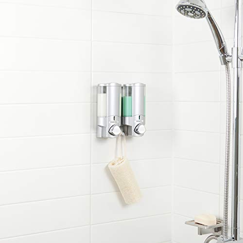 Better Living Aviva Wall Mount Shower Dispenser, 2 x 11oz, Satin Silver | 2 Chamber, Shampoo, Conditioner, Body Wash and Soap Dispenser, Built-in Hooks, No Drill, Waterproof Shampoo Soap Dispenser - color: Satin Silver, size: 2-Chamber