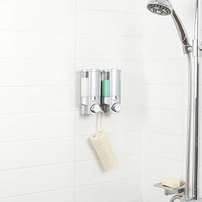 Better Living Aviva Wall Mount Shower Dispenser, 2 x 11oz, Satin Silver | 2 Chamber, Shampoo, Conditioner, Body Wash and Soap Dispenser, Built-in Hooks, No Drill, Waterproof Shampoo Soap Dispenser - color: Satin Silver, size: 2-Chamber