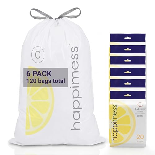 happimess 13.2 Gallon (50L) Drawstring Trash Bags, Lemon Scent, White, Heavy Duty MDPE Liners for Kitchen and Household, Odor Control, Custom Fit 120 Count (6 Packs of 20 Liners) HPM3100C-W-6SET - color: White (Lemon Scented), size: 120 Count (Pack of 1)