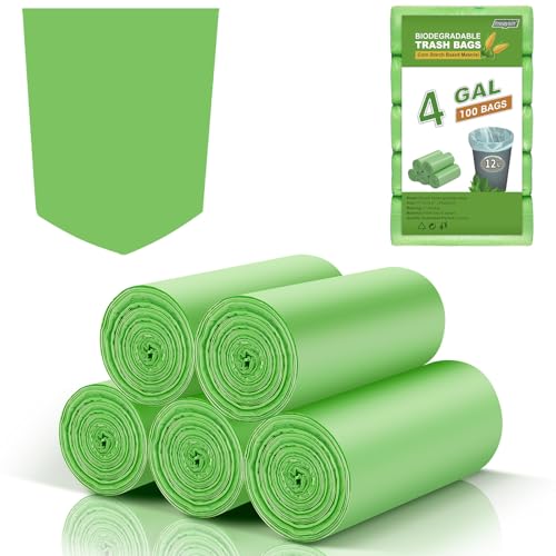 4 Gallon Small Biodegradable Trash Bags - Inwaysin 4 Rolls 100 Count Clear Green Garbage Bag Unscented Bulk Strong Thick Compostable Waste Basket Liners for Kitchen Office Car Pet - style: 4Gal-Green-100