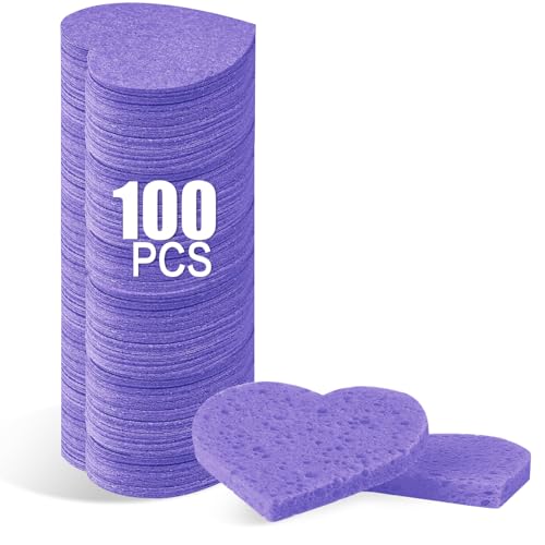 100-Count Compressed Facial Sponges for Estheticians Heart Shape Natural Cellulose Sponge Professional Cosmetic Spa Sponges for Face Cleansing, Massage, Pore Exfoliating, Mask, Makeup Removal, Purple - color: 100- Pack Purple
