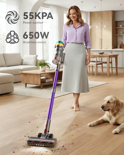 Cordless Vacuum Cleaner, 55KPA 70Mins XL Dust Cup Vacuum Cleaners for Home, Stick Vacuum with Anti-Tangle Brush,LED Display,Self-Standing, Vacuum Cordless for Hardwood Floor, Carpet, Pet Hair